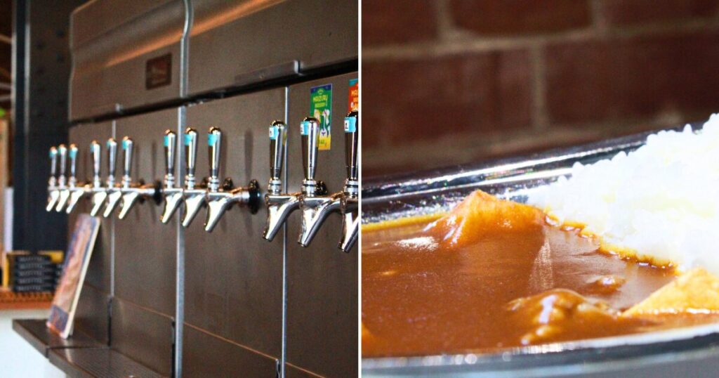 5号棟カフェのビールタップと海自カレー